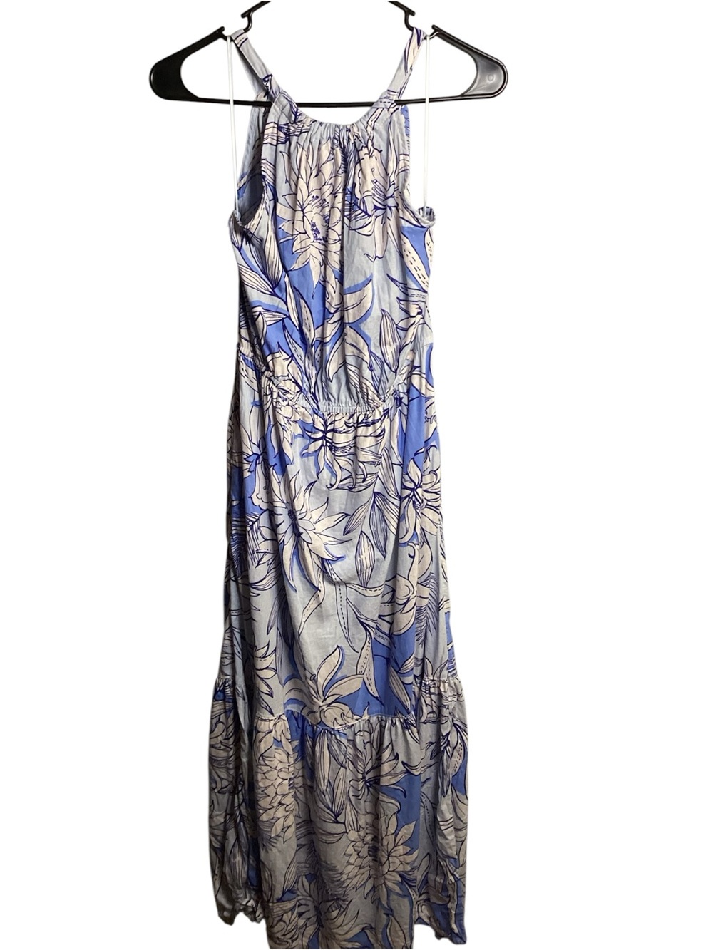 Halston  Blue and White Floral Linen Maxi Dress